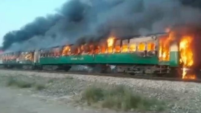 At least 64 dead in Pakistan train fire, police say