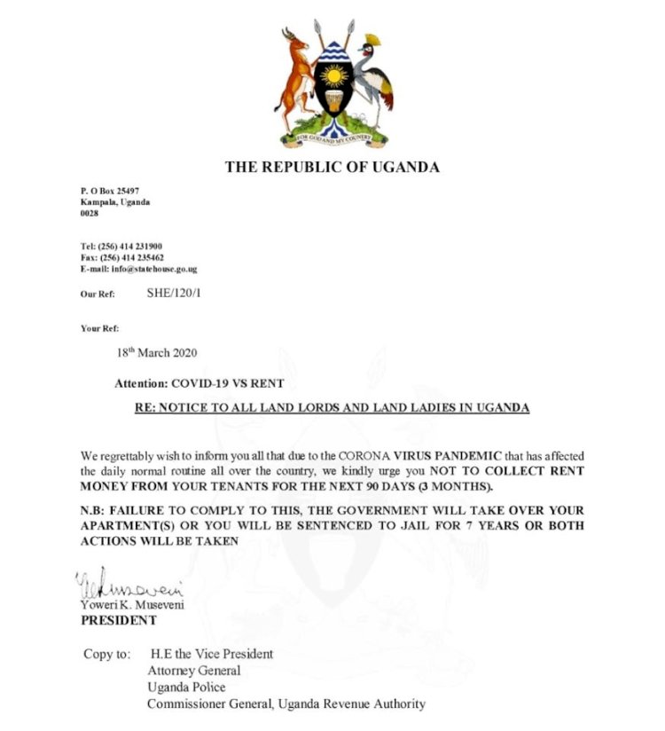 Ugandan Govt Orders House Owners Not to Collect Rent For the Next 3 Months Due to Coronavirus Pandemic