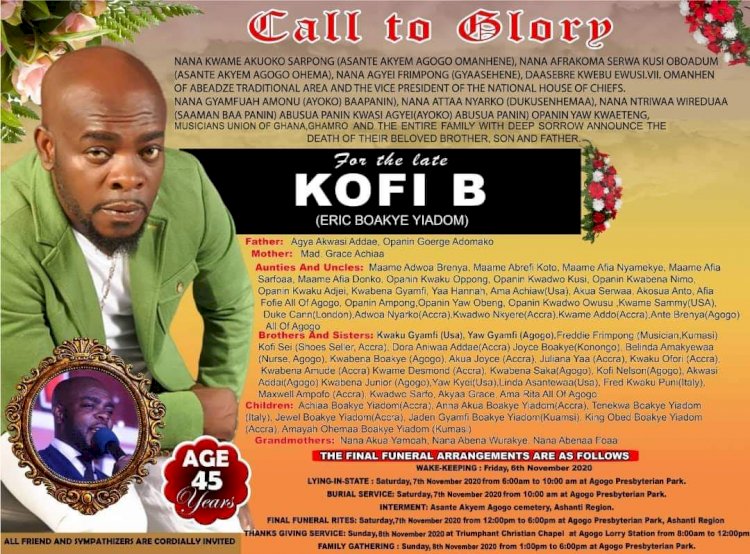 Final Burial Rites Of Highlife Musician Kofi B To Be Held Nov. 7 - Family